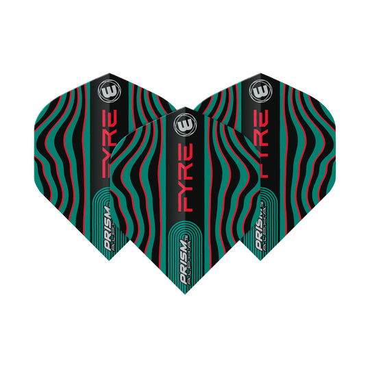 6915-708_Winmau_Prism_Alpha_Fyre_BlackTurquoiseRed_Standard_Flights_1vxTlhNamoefID Das Bild zeigt drei Dart-Flights des Modells "Winmau Prism Alpha Fyre" in Schwarz, Türkis und Rot. Die Flights haben ein auffälliges, wellenförmiges Linienmuster und die Wörter "FYRE" und "PRISM" sind darauf zu sehen.