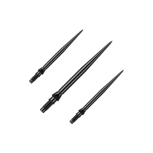 Winmau Switch Point Smooth Steel Dart Tips - Black Auf dem Bild ist ein Set schwarzer glatter Steeldartspitzen von Winmau zu sehen. Die Spitzen sind 26mm lang.