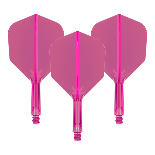Target K-Flex No6 Flight System - Neon Pink Das Bild zeigt drei neonpinke Dart-Flights mit angesetzten Schäften. Sie sind nebeneinander angeordnet und haben ein transparentes Design.