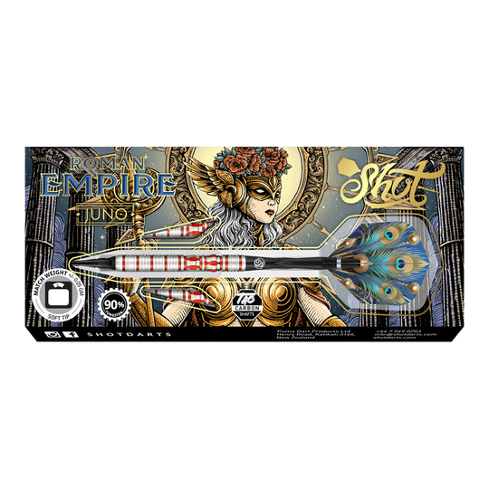 Shot Roman Empire Juno soft darts Das Bild zeigt die Verpackung der Shot Roman Empire Juno Softdarts. Auf der Verpackung ist ein kunstvolles Design mit einer Kriegerin und auffälligen Farben abgebildet.