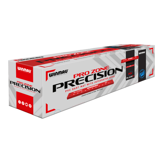 Die Abbildung zeigt die Verpackung der "Winmau Pro-Zone Precision Blade 6 Dartmatte mit Oche". Auf der Verpackung steht, dass es sich um eine PVC-Dartmatte mit integriertem Oche handelt.