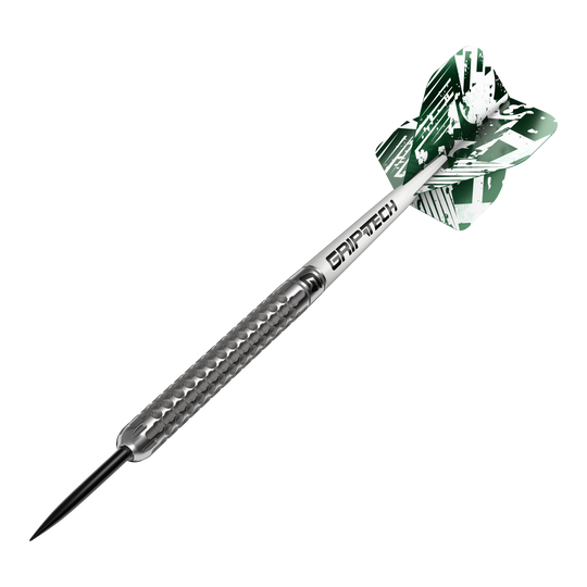 GOAT Fairway V1 Tungsten Steel Darts Das Bild zeigt einen GOAT Fairway V1 Tungsten-Steeldart mit silbernem, strukturiertem Griff. Am hinteren Ende befindet sich ein grüner Flight mit weißem Muster und der Aufschrift "GRIPTECH".