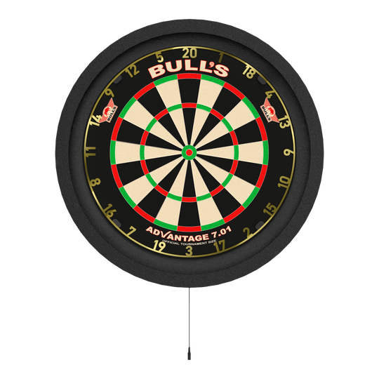 Bulls NL Lumo 2 Light Surround Lighting System Das Bild zeigt eine Dartscheibe mit einer runden, beleuchteten Umrandung. Es handelt sich um das Produkt „Bulls NL Lumo 2 Light Surround Beleuchtungssystem“.