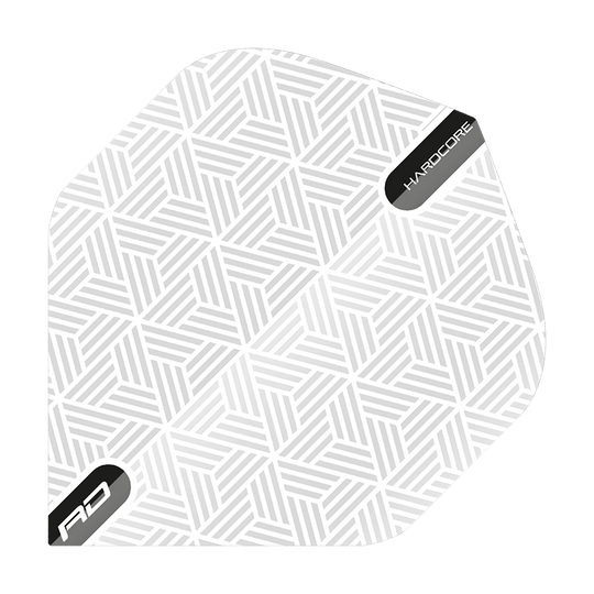 Das Bild zeigt ein weißes Dartflight mit einem geometrischen Muster. In den Ecken stehen die Wörter "HARDCORE" und "RD".