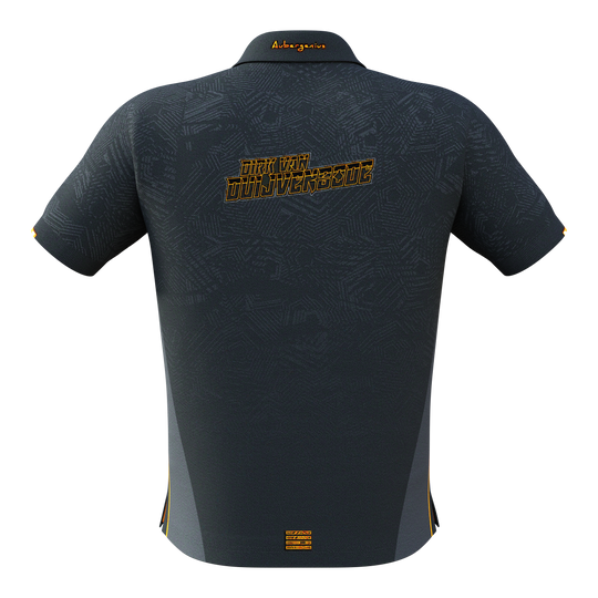 Bulls NL Dirk Van Duijvenbode match shirt 2025 Das Bild zeigt das Bulls NL Dirk Van Duijvenbode Matchshirt 2025 von hinten. Auf dem Rücken steht der Name "Dirk Van Duijvenbode" in gelber Schrift.
