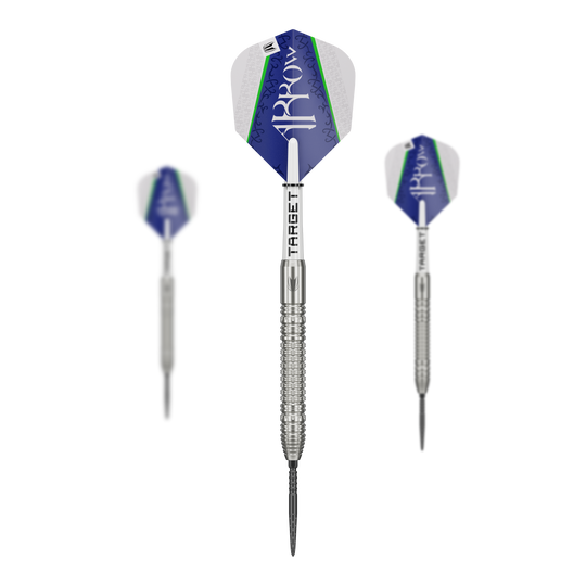 Das Bild zeigt drei Steeldarts des Modells "Target Shane McGuirk GEN1 Swiss Point - 23g". Die Darts haben silberne Spitzen und Schäfte sowie blau-weiße Flights mit grünen Akzenten.