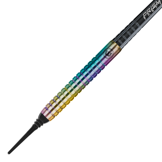 Winmau Foxfire Urban Soft Darts - 20g Das Bild zeigt einen Winmau Foxfire Urban Softdart mit einem Gewicht von 20 Gramm. Der Dart hat eine bunte, metallisch schimmernde Oberfläche mit feinen Rillen für besseren Halt.