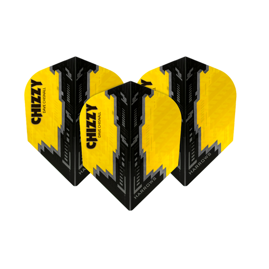HR7531_Harrows_Dave_Chisnall_Prime_Gelb_Schwarz_No6_Flights_1ILFOdWWeNnc6y Das Bild zeigt die Harrows Prime Dave Chisnall Schwarz No6 Flights. Die Flights sind gelb und schwarz mit dem Schriftzug "CHIZZY" und "HARROWS" darauf.