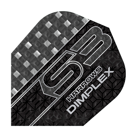 Das Bild zeigt ein Harrows Dimplex S3 Dart-Flight in der Farbe Smokey. Das Flight hat ein modernes, strukturiertes Design mit silbernen und schwarzen Mustern sowie der Aufschrift „S3 Harrows Dimplex“.