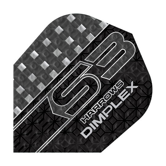 Harrows Dimplex S3 Flights - Smokey Das Bild zeigt ein Harrows Dimplex S3 Dart-Flight in der Farbe Smokey. Das Flight hat ein modernes, strukturiertes Design mit silbernen und schwarzen Mustern sowie der Aufschrift „S3 Harrows Dimplex“.