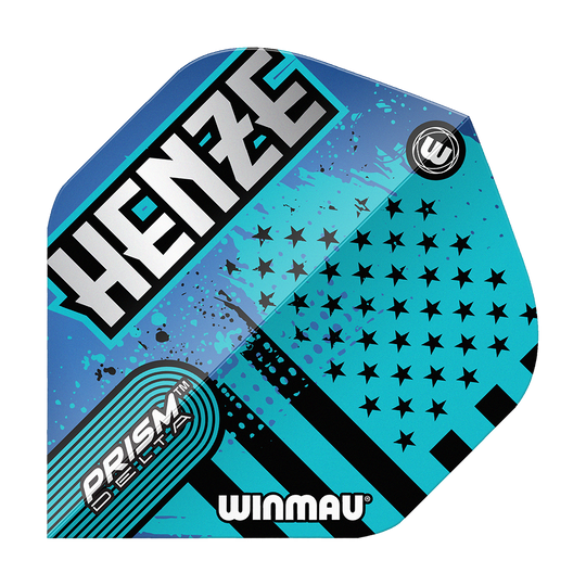 Das Bild zeigt ein Winmau Prism Delta Rick Henze Standard Flight in blau-schwarzem Design. Auf dem Flight stehen die Wörter "HENZE", "PRISM DELTA" und "WINMAU".
