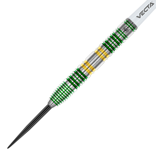 Winmau Xenon Steeldarts Das Bild zeigt einen Winmau Xenon Steeldart. Der Dartpfeil hat ein silbernes Griffstück mit grünen und goldenen Ringen.