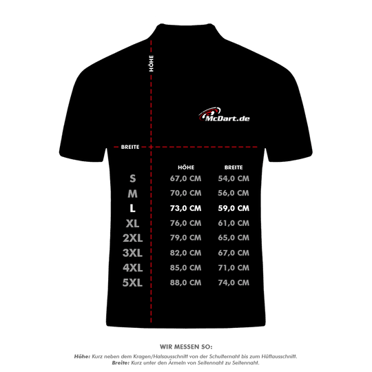 HRS-26036Harrows_Paragon_Dartshirts_5_LHlpblGb6UzGC4 Das Bild zeigt eine Maßtabelle für das Produkt "Harrows Paragon Dartshirt - Grün". Die Tabelle gibt die Höhe und Breite des Shirts in verschiedenen Größen von S bis 5XL an.