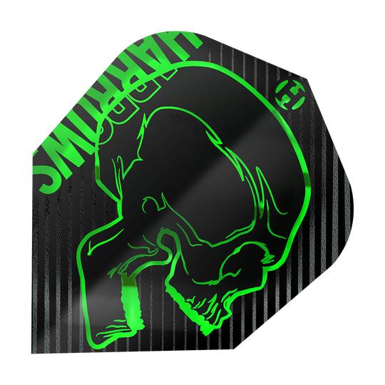 Harrows Rage Green No6 Flights Das Bild zeigt das Produkt "Harrows Rage Green No6 Flights". Auf dem Flight ist ein grüner Totenkopf auf schwarzem Hintergrund mit grünen Streifen abgebildet.