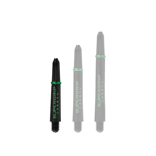 Das Bild zeigt drei schwarze Harrows Supergrip Carbon Shafts mit grünen Akzenten in verschiedenen Längen. Auf den Schäften steht in grüner Schrift "SUPERGRIP CARBON".