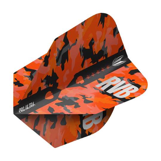 Das Bild zeigt ein Dart Flight mit einem auffälligen orange-schwarzen Camouflage-Muster. Auf dem Flight stehen die Buchstaben "RVB" und das Produkt heißt "Target ProUltra Barney Army Camo Ten-X Flights".