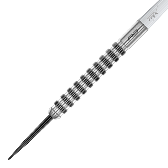 Red Dragon Javelin Speedline steel darts Das Bild zeigt einen Red Dragon Javelin Speedline Steeldart. Der Dartpfeil besteht aus silbernem Metall mit markanten, gerillten Griffmulden.