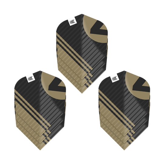 Das Bild zeigt drei Sätze Target Pro Ultra Chicane Black No6 Flights. Die Flights sind schwarz mit goldenen und schwarzen Mustern gestaltet.