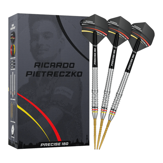 Vollansicht der Precise 180 Ricardo Pietreczko GEN1 Steeldarts. Diese Darts sind für Präzision und Kontrolle entwickelt.