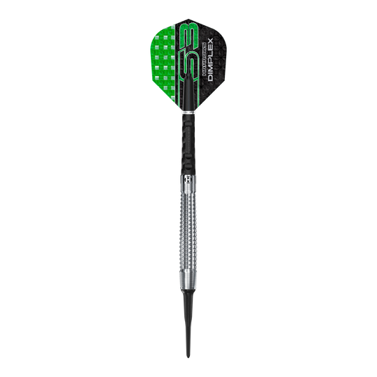 Harrows Dimplex S3 Tapered Soft Darts Ein einzelner Harrows Dimplex S3 Tapered Softdart liegt auf dem Bild. Die Details sind deutlich erkennbar.