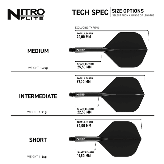 Das Bild zeigt die verschiedenen Größenoptionen des Produkts "Red Dragon Nitroflite - Black Shaft Black No2 Flights" mit technischen Spezifikationen. Es werden die Längen und Gewichte der Ausführungen Medium, Intermediate und Short dargestellt.