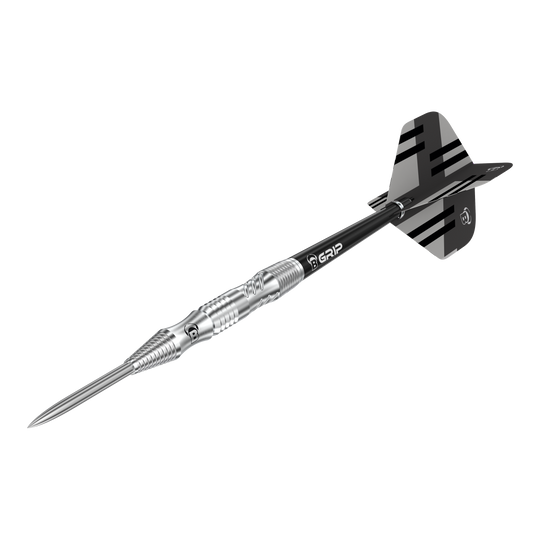 Bulls Tac T1 Steeldarts Das Bild zeigt einen Bulls Tac T1 Steeldart. Der Dart hat eine silberne Spitze und ein schwarzes Flight-Design mit Streifen.