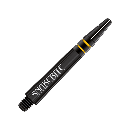C798_Red_Dragon_Nitrotech_Peter_Wright_Shafts_Schwarz_2 Das Bild zeigt einen schwarzen Dart-Schaft mit der Aufschrift "Snakebite". Es handelt sich um den "Red Dragon Nitrotech Peter Wright Shaft Schwarz" in der Länge von 39 mm.