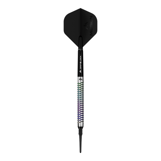 Hier ist ein Mission Mirage Softdarts - 20g abgebildet. Das Bild hebt die Details des Softdarts hervor.