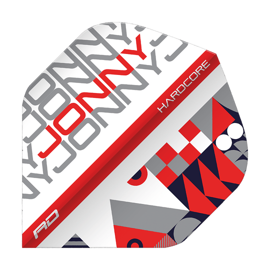 Das Bild zeigt ein Dartflight mit dem Namen "Jonny" in großen grauen und roten Buchstaben. Das Design ist in Rot, Weiß und Grau gehalten, mit geometrischen Mustern und der Aufschrift "HARDCORE" und "RD".
