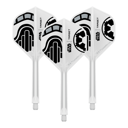 Das Bild zeigt ein Set von Dart-Flights der Star Wars KFlex Stormtrooper No2 Standard Serie. Diese Version ist medium und hat eine Länge von 33 mm.