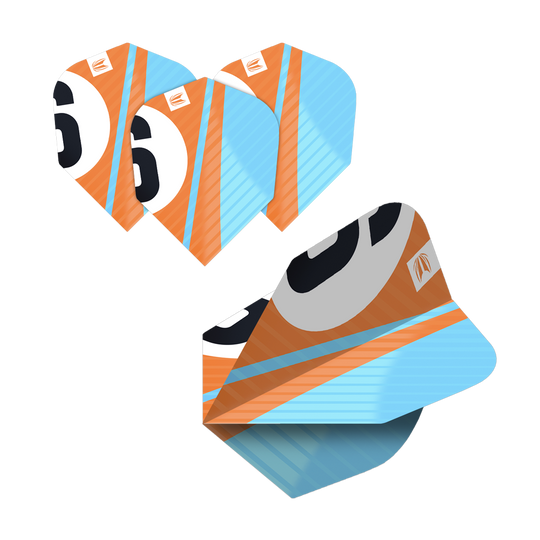 337205_Target_ProUltra_5Sets_Multipack_Chicane_No6_Flights_46UCBGGQv95ObI Das Bild zeigt die Target Pro Ultra Chicane Multipack No6 Flights, bestehend aus 5 Sets. Die Flights sind in den Farben Orange, Blau und Weiß gestaltet und tragen die Nummer 6.