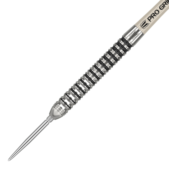 Target EXO SP01 Swiss Point steel darts Das Bild zeigt einen Target EXO SP01 Swiss Point Steeldart. Der Dart hat ein silbernes, geriffeltes Barrel und eine spitze Stahlspitze.