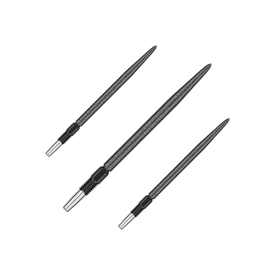 Target Swiss Point SLK dart tips - Black Das Bild zeigt drei schwarze Dartspitzen, die nebeneinander liegen. Sie haben eine metallische Spitze und einen geriffelten Abschnitt am Ende.