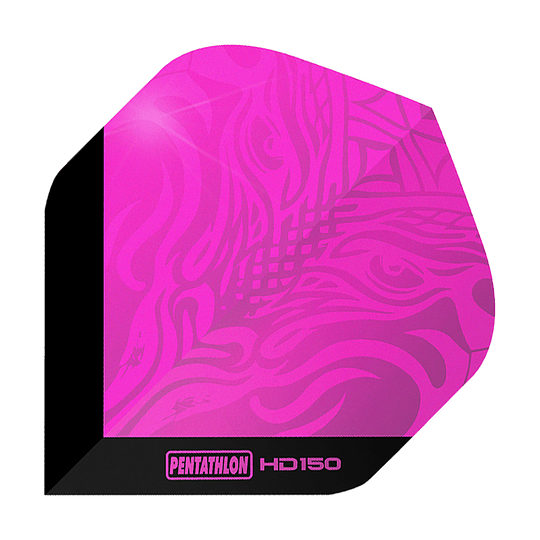 Das Bild zeigt den Pentathlon HD150 Metallic Pink Standard Flight. Er ist in einem auffälligen Metallic-Pink gehalten und hat ein modernes Muster.