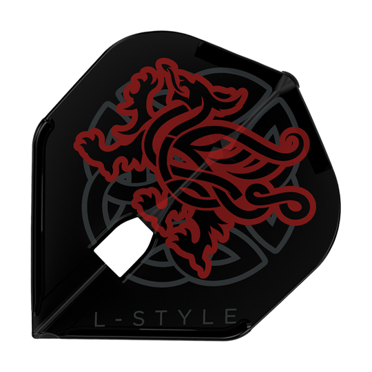 Das Bild zeigt ein „L-Style Jim Williams V2 L1PRO Flight“ für Dartpfeile. Das Flight ist schwarz und mit einem roten, stilisierten Löwenmotiv verziert.