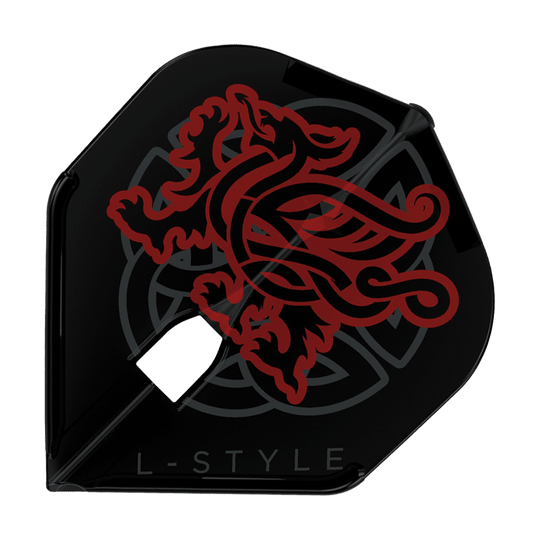 LSF633_L-Style_Jim_Williams_V2_L1PRO_Flights_1 Das Bild zeigt ein „L-Style Jim Williams V2 L1PRO Flight“ für Dartpfeile. Das Flight ist schwarz und mit einem roten, stilisierten Löwenmotiv verziert.