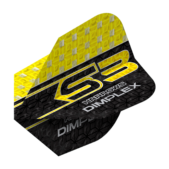 Das Bild zeigt einen Harrows Dimplex S3 Flight in Gelb und Schwarz. Auf dem Flight steht "S3 HARROWS DIMPLEX" in auffälliger Schrift.