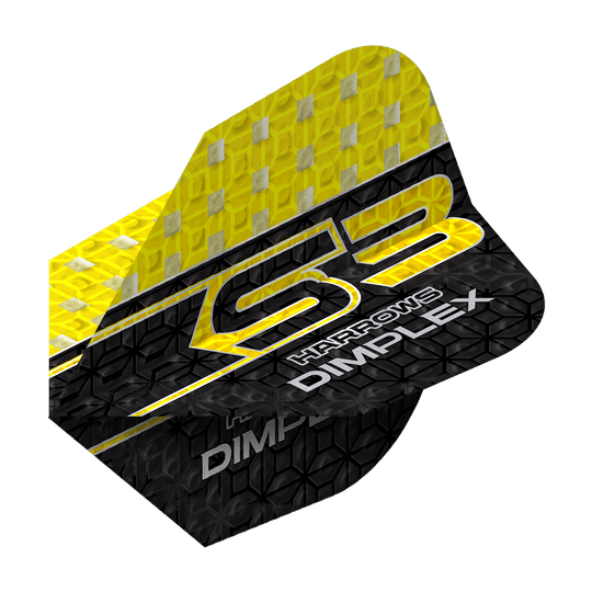 Harrows Dimplex S3 Flights - Yellow Das Bild zeigt einen Harrows Dimplex S3 Flight in Gelb und Schwarz. Auf dem Flight steht "S3 HARROWS DIMPLEX" in auffälliger Schrift.