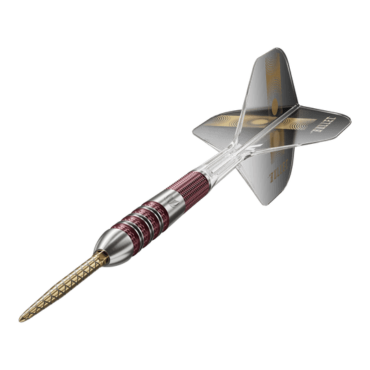 Target Stephen Bunting 95K Swiss Point Steel Darts Das Bild zeigt einen Target Stephen Bunting 95K Swiss Point Steeldart. Der Dartpfeil hat einen metallic-roten Griff, eine goldene Spitze und schwarze Flights mit dem Schriftzug "BULLET".