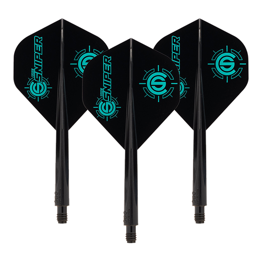 Condor AXE The Sniper Flight-System - Standard Das Bild zeigt drei schwarze Dartflights mit Aufdruck „SNIPER“ und einem Ziellogomuster in Türkis. Es handelt sich um das Produkt „Condor AXE The Sniper Flight-System - Standard“.