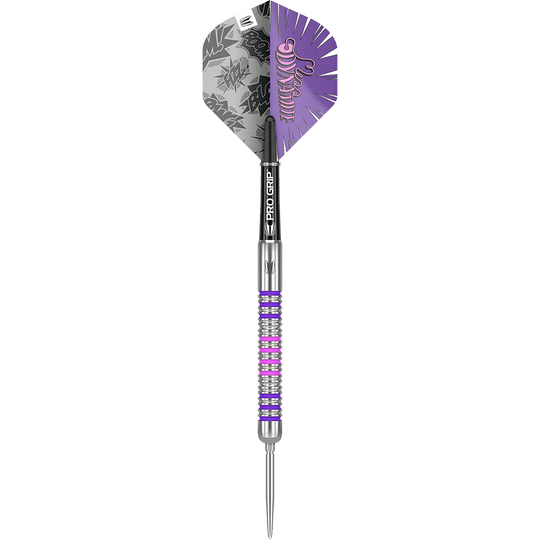 Der abgebildete Dart ist der "Target Eleanor Cairns GEN1 Swiss Point Steeldart - 24g". Er besitzt ein auffälliges Design mit lila, silbernen und pinken Akzenten sowie einer gemusterten Flight.