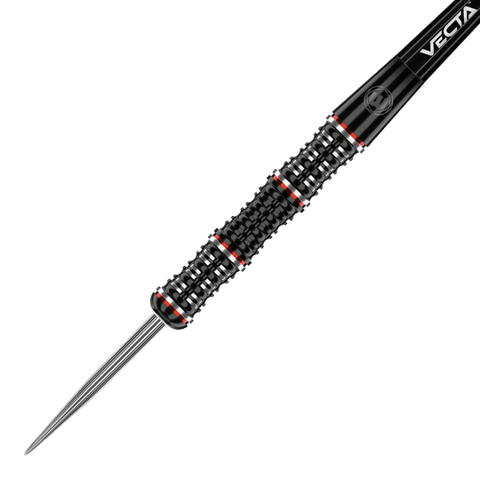 1461_Winmau_Mervyn_King_Special_Edition_Steeldarts_2 Auf dem Bild ist ein Winmau Mervyn King Special Edition Steeldart zu sehen. Der Dartpfeil hat ein schwarzes Griffstück mit roten und silbernen Akzenten.
