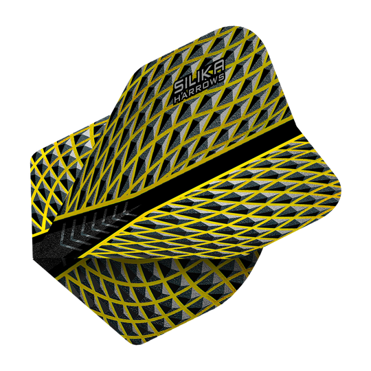 Das Bild zeigt das Produkt "Harrows Silika Yellow No2 Standard Flights". Das Flight hat ein auffälliges gelb-schwarzes Rautenmuster und trägt den Schriftzug "Silika Harrows".