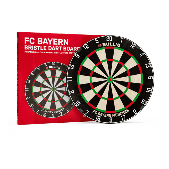 Bulls FC Bayern Munich Bristle steel dartboard Das Bild präsentiert das Bulls FC Bayern München Bristle Steeldartboard. Es handelt sich um ein Steeldartboard mit FC Bayern München Logo.