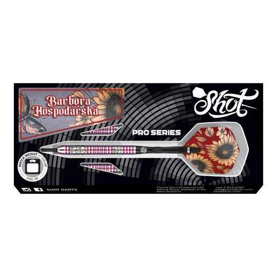 Das Bild zeigt das Produkt "Shot Pro Series Barora Hospodarska Steeldarts - 23g". Die Darts haben ein auffälliges Design mit Blumenmuster und sind für professionelle Spieler geeignet.