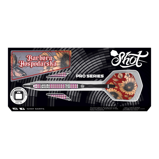 Shot Pro Series Barbora Hospodarska 2 Steeldarts - 23g Das Bild zeigt das Produkt "Shot Pro Series Barora Hospodarska Steeldarts - 23g". Die Darts haben ein auffälliges Design mit Blumenmuster und sind für professionelle Spieler geeignet.