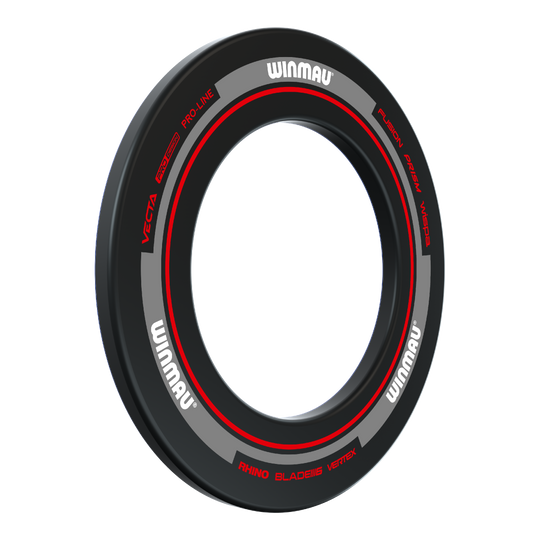 Das Bild zeigt den Winmau Advance Dartboard Surround in Schwarz und Rot. Der Surround ist rund und schützt die Wand um die Dartscheibe.