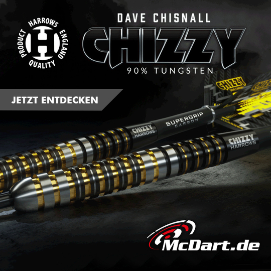 HA18192_Harrows_Dave_Chisnall_Chizzy_Steeldarts_admedia Das Bild zeigt die Harrows Dave Chisnall Chizzy Steeldarts mit 90% Tungsten. Die Darts haben ein auffälliges Design mit schwarzen und goldenen Ringen und sind auf der Webseite McDart.de erhältlich.