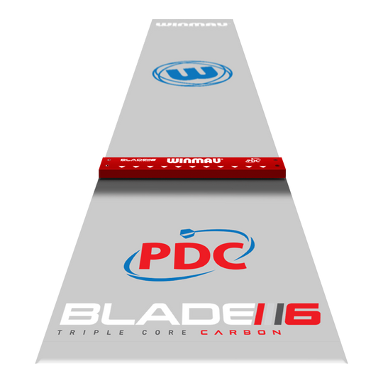 Winmau Clearzone PVC dart mat with oche Das Bild zeigt die „Winmau Clearzone PVC Dartmatte mit Oche“ in grau mit farbigen Logos und Markierungen. In der Mitte befindet sich eine rote Abwurflinie (Oche) mit dem Winmau-Schriftzug.