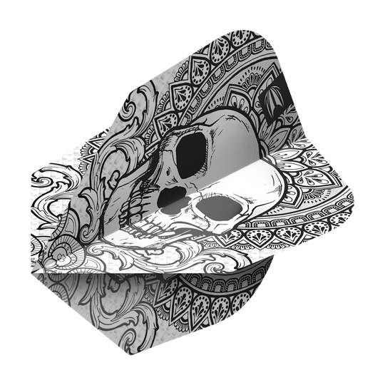 Das Bild zeigt das Produkt "Target ProUltra Ink Grey No6 Flights". Auf dem Flight ist ein detailliertes Totenkopfdesign mit verschiedenen Mustern abgebildet.